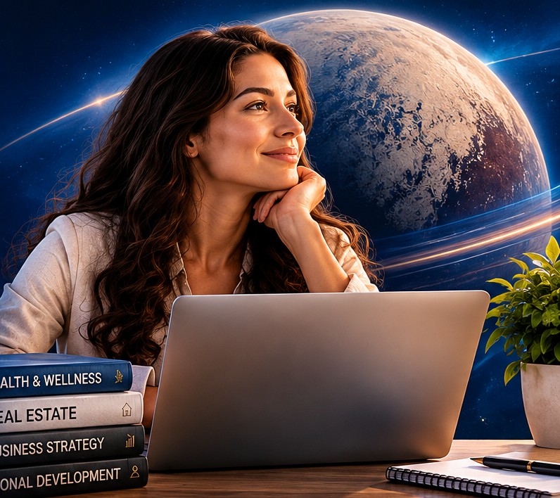 Estudiante con computadora y planeta Plutón